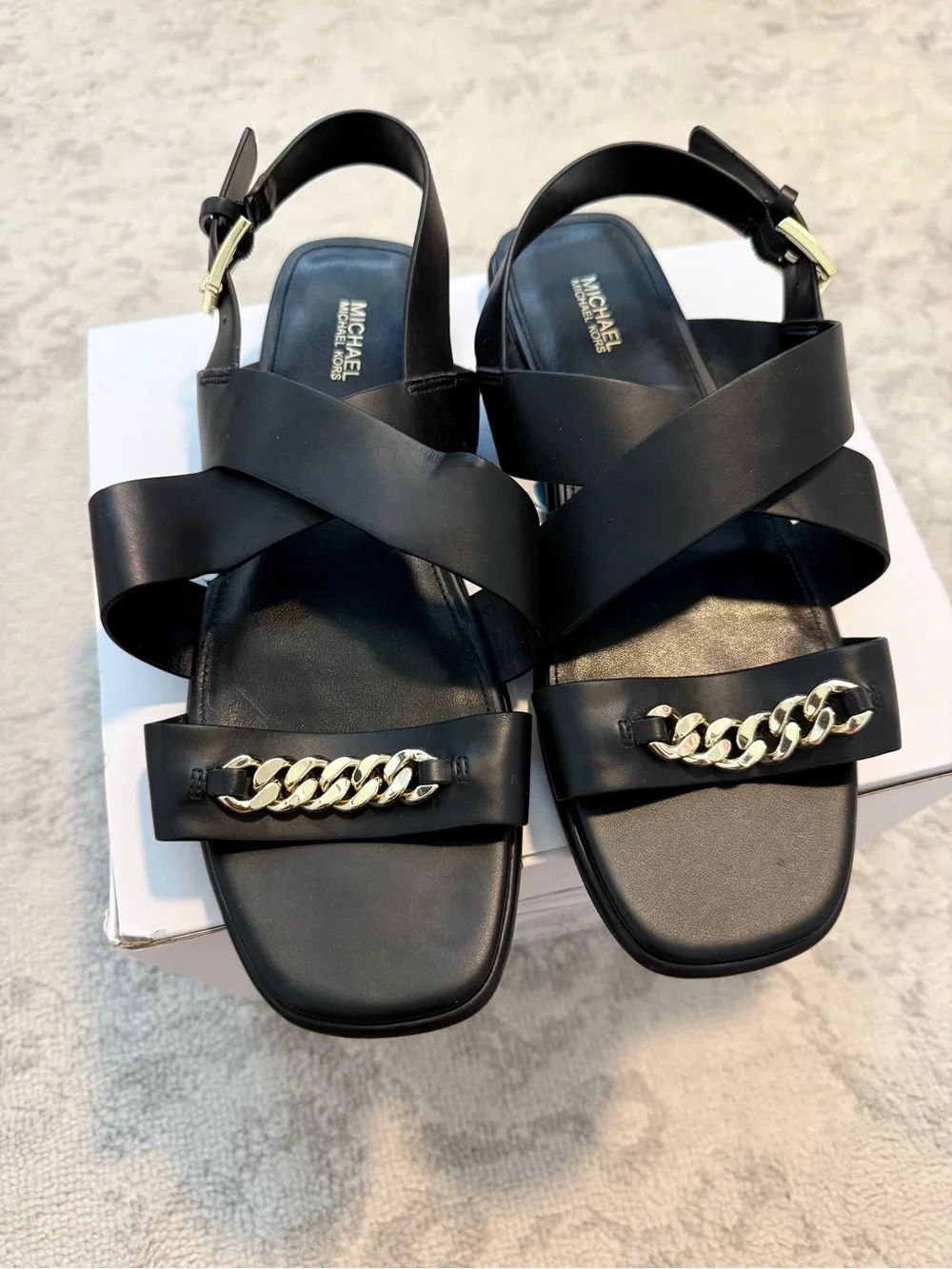 Michael Kors Black Leather Chain-Detail Slingback Sandals